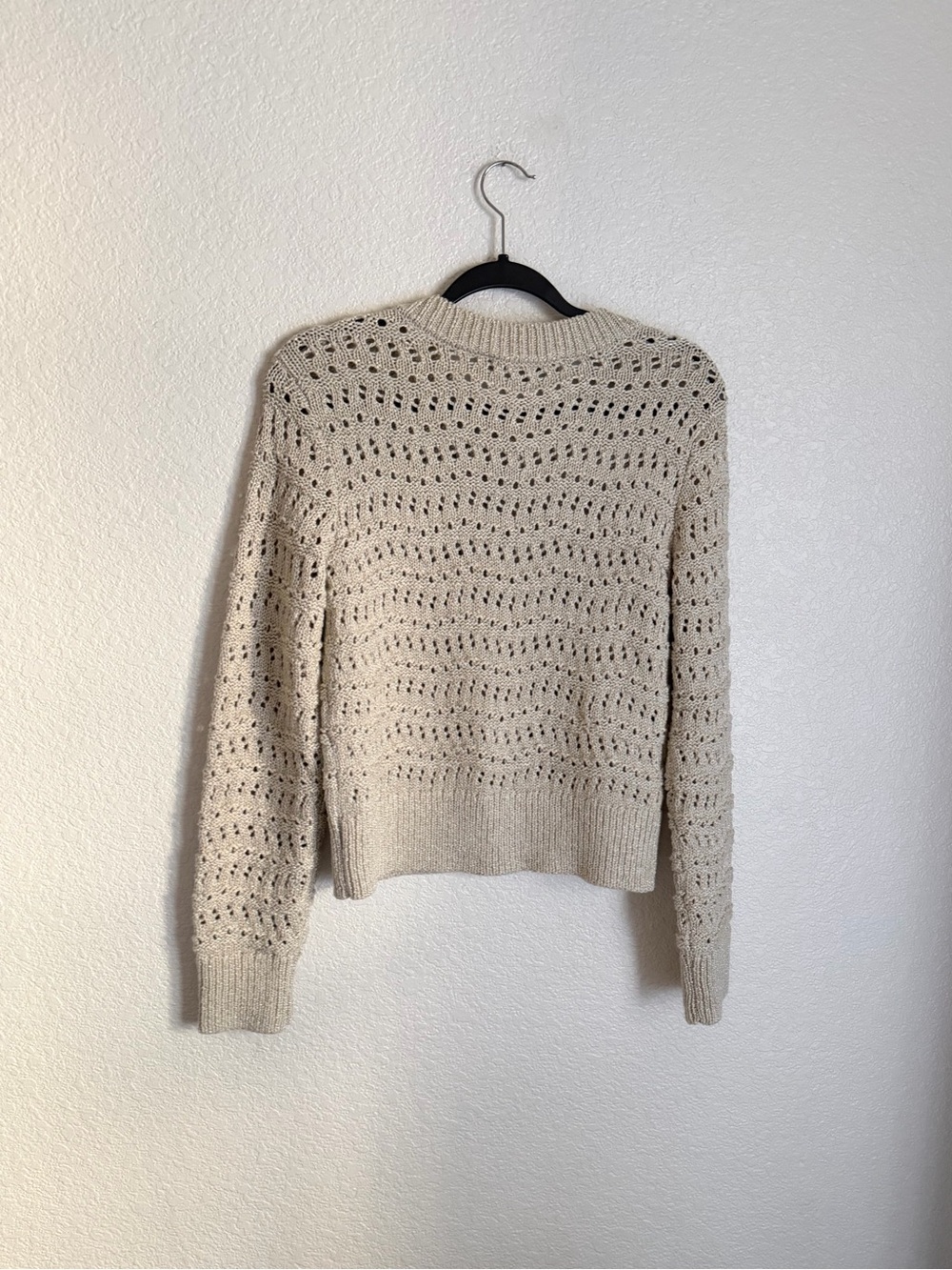 Loft Shimmer Pointelle Crewneck Cardigan S Gold Neutral - Picture 3 of 8